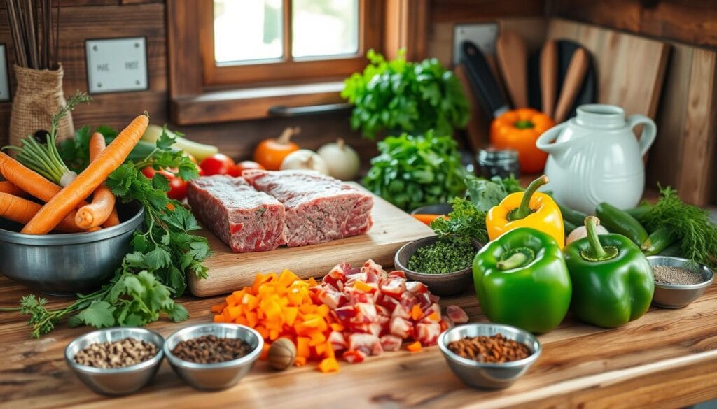 Preparing beef and vegetables