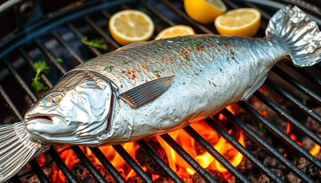 fish wrapped in foil on bbq