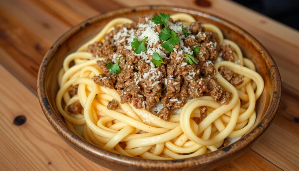 ground beef alfredo pasta dish